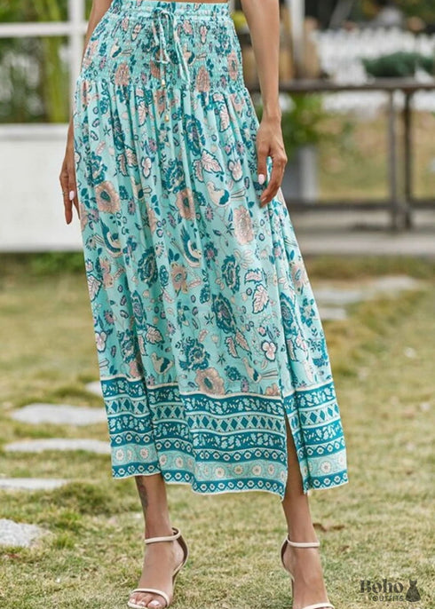 Boho Skirts in Smocked Waist, Bird Garden in Blue For Women